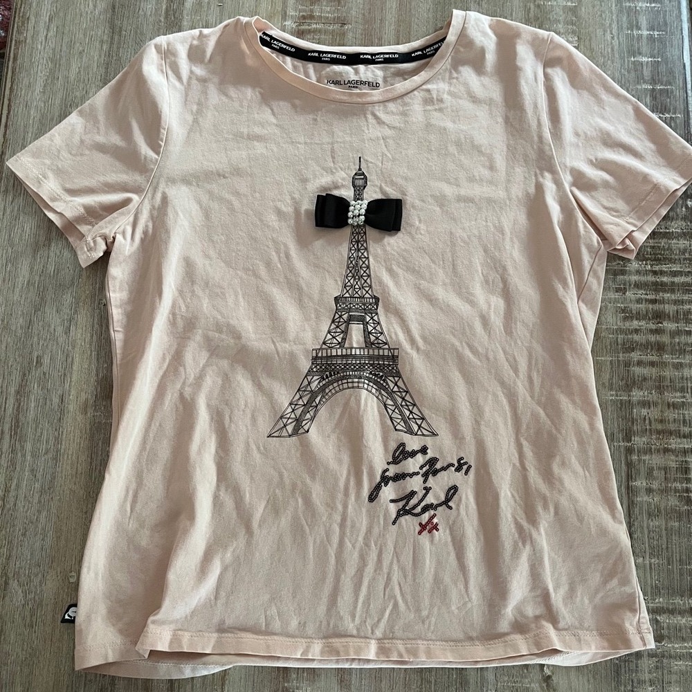 Karl Lagerfeld Paris Blush Pink Pearl Bow Eiffel Tower Graphic Tee sz M